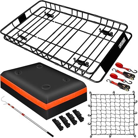 Heavy Duty 58"X36"X5" Roof Rack Cargo Basket Universal Rooftop Cargo Carrier with Waterproof Cargo Bag 18 Cubic Feet (54"X34"X17"), Cargo Net with Cargo Grabber