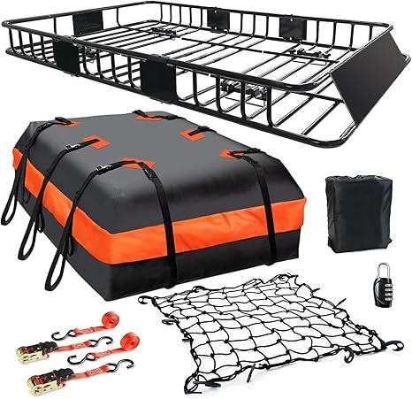 MeeFar Roof Rack Carrier Basket Universal Rooftop 51" X 36" X 5" + Waterproof Bag 15 Cubic Feet (44" 34" 17"), and Cargo Net with Attachment Hooks, Ratchet Straps